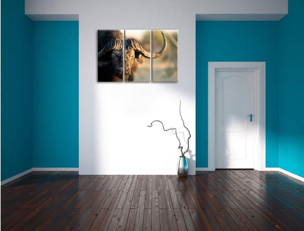 Pixxprint Kaffernbüffel mit Hörnern / 3-Teilig/Gesamtmass 120cm Leinwandbild bespannt auf Holzrahmen