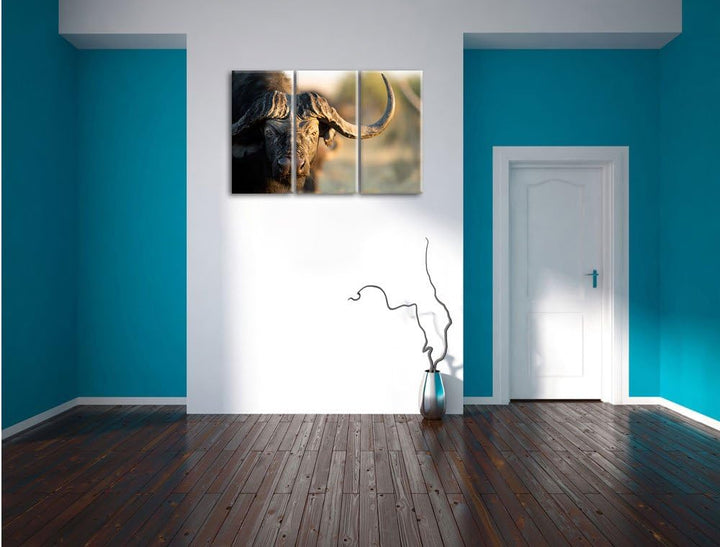 Pixxprint Kaffernbüffel mit Hörnern / 3-Teilig/Gesamtmass 120cm Leinwandbild bespannt auf Holzrahmen