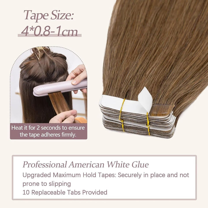 TESS Tape Extensions Echthaar #6 Mittelbraun 50 cm Echthaar Haarverlängerung 20 Stücke Glatt Remy Ta