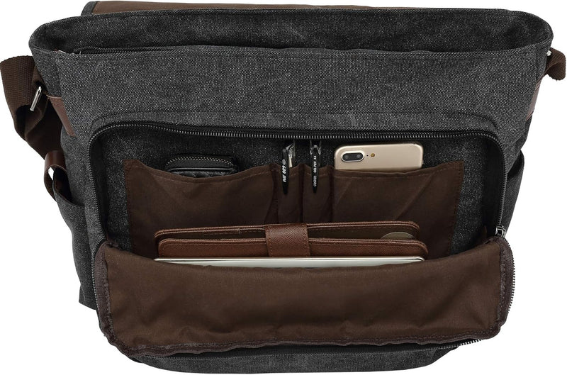 CALIYO Umhängetaschen Herren aus Canvas Schultasche Queformat A4 Laptoptasche für 15,6 Zoll Laptop A