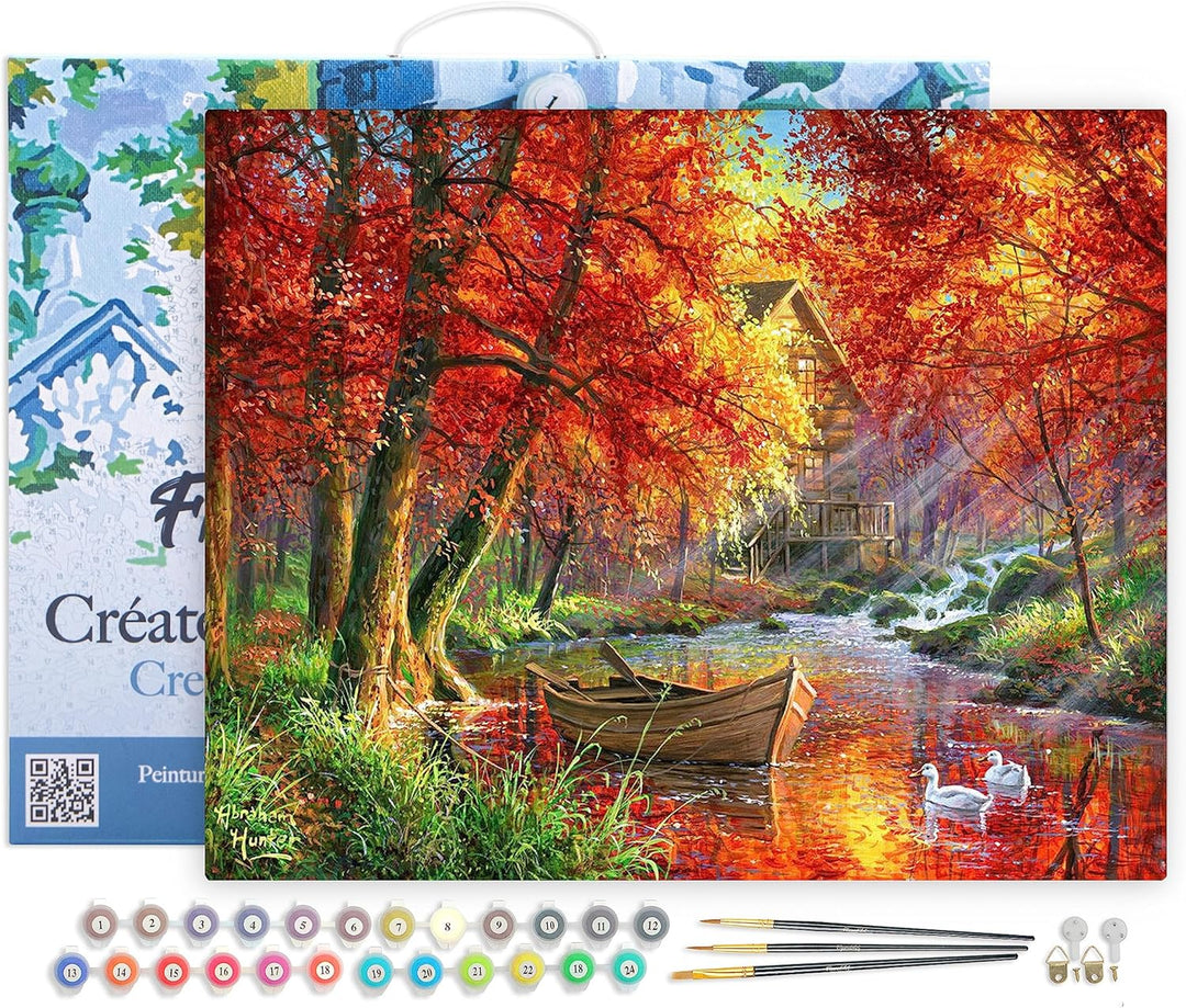 Figured'Art Malen Nach Zahlen Erwachsene Mit Rahmen Boot am Herbstlichen Fluss - Paint by Numbers Ba