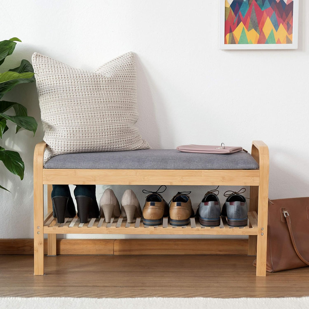 Lumaland Schuhregal aus Bambus mit Sitzbank + 1 Ebene - 90x50x30 cm Grau 2 Etagen (90 x 50 x 30 cm),