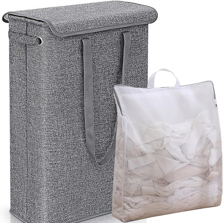 Foldable Wäschekorb Schmal mit Deckel 45L – Laundry Basket aus Leinenoptik mit Reissverschluss-Innen