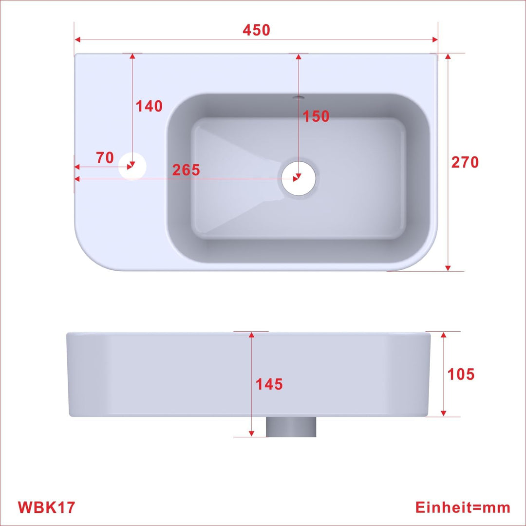 Waschbecken Keramik Waschtisch Hängewaschbecken klein Handwaschbecken Weiss Eckig 45 x 27 cm Badezim