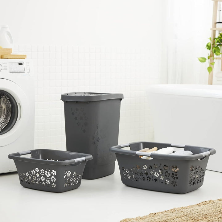 Rotho 3er-Set Wäschekorb Flowers 50l, Kunststoff (PP) BPA-frei, anthrazit, 3x50l, (65,1 x 49 x 26,2