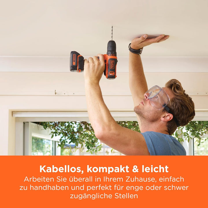 Black+Decker Li-Ion Ultra-Kompakt-Bohrer (Kleiner Akkuschrauber mit ergonomischem Softgriff und LED-