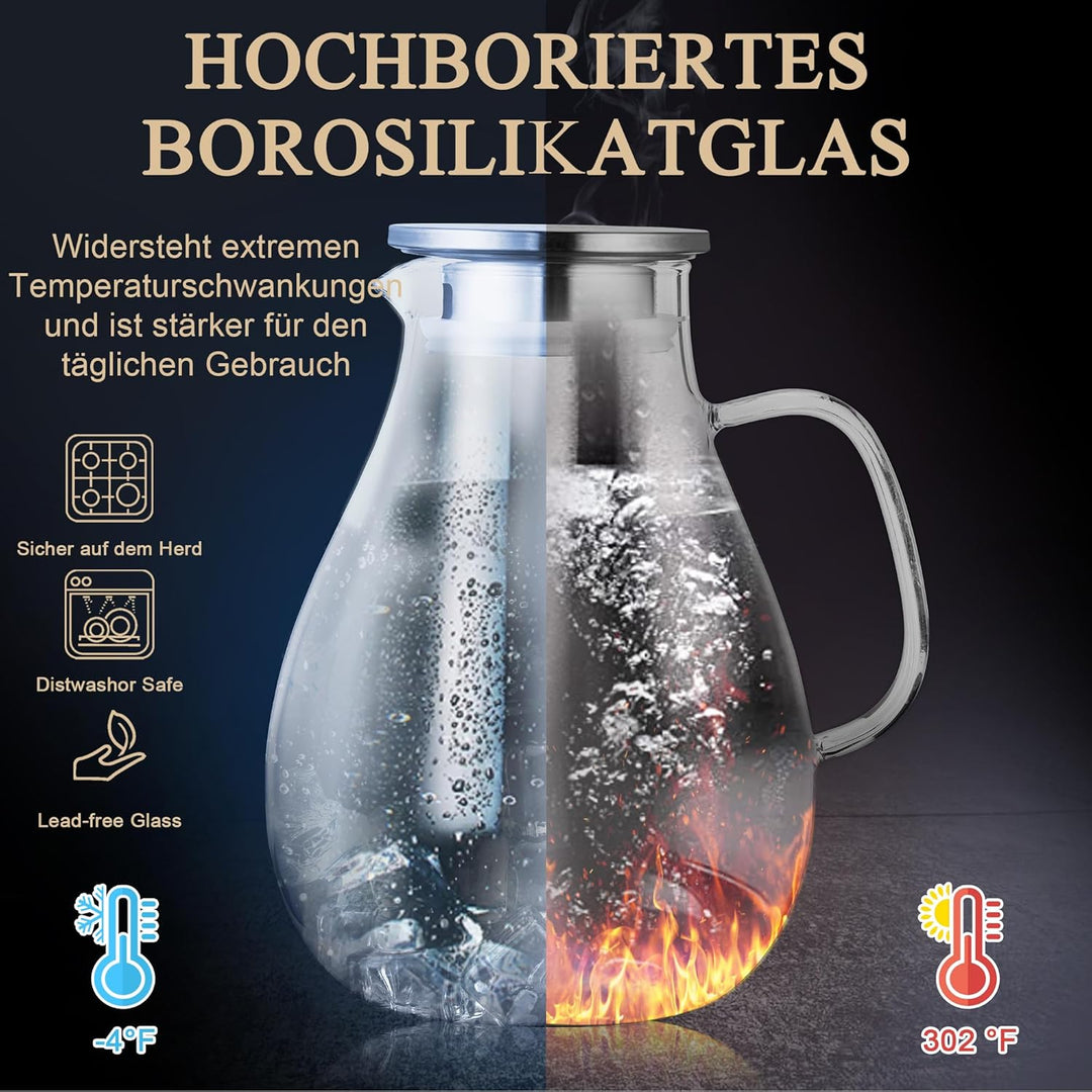 SUSTEAS 2.5 Liter 75oz Wasserkaraffe, Glaskaraffe mit Deckel und Breitem Griff, Leicht zu Reinigende