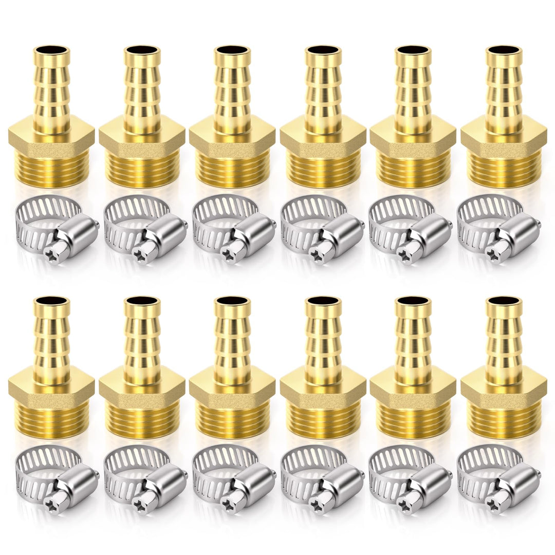 12 Stück Schlauchanschlussstücke, 1/2 Zoll BSP Stecker x 8 mm Schlauchanschluss mit 12 Stück Klemmen