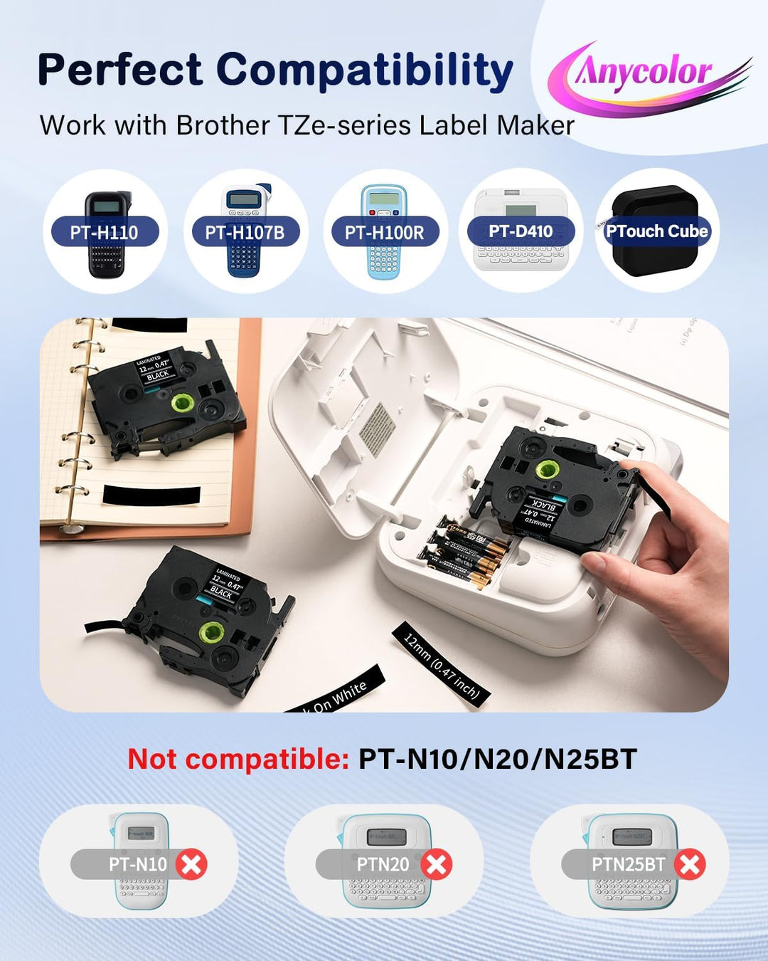 Anycolor TZe-335 12mm Schwarz Schriftband kompatibel für Brother P Touch Bänder TZ TZe335 Tape Casse