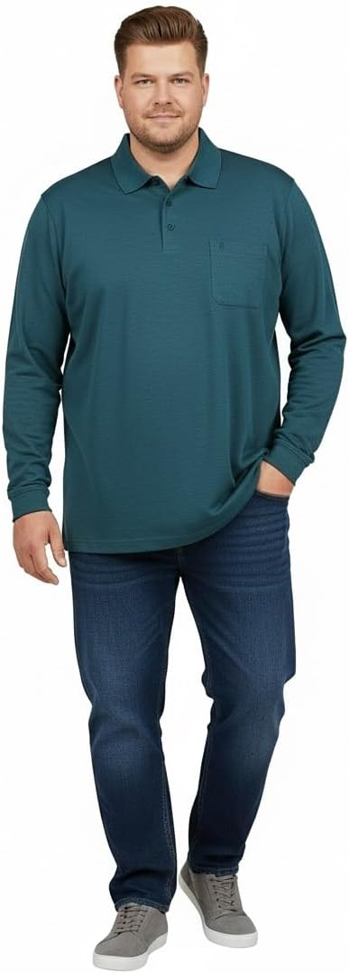 RAGMAN Herren Softknit-Polo mit Brusttasche, Langarm L Dunkelgrün-357, L Dunkelgrün-357