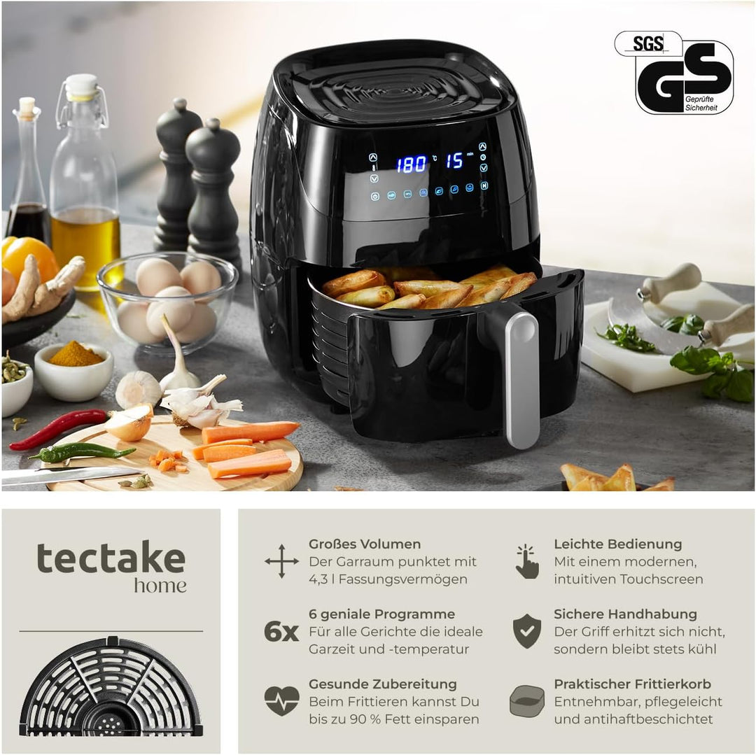 tectake® Heissluftfritteuse 4,3 L Fassungsvermögen, Touchscreen, Antihaft Frittierkorb, Airfryer mit