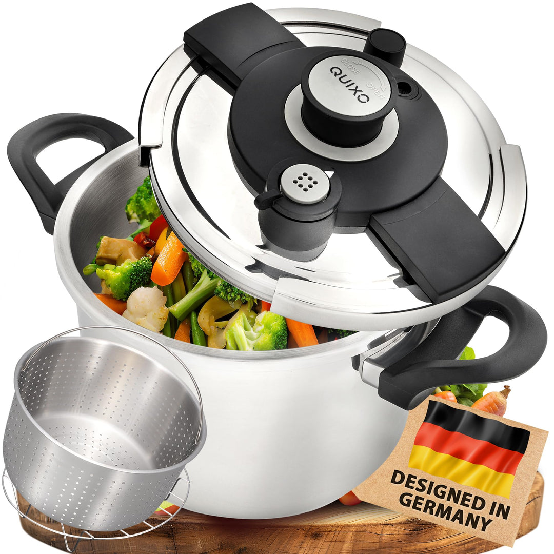 QUIXO Schnellkochtopf 6l VitaSmart 22cm mit QuickSafe-Verschluss [einfache Handhabung] inkl. Dampfei