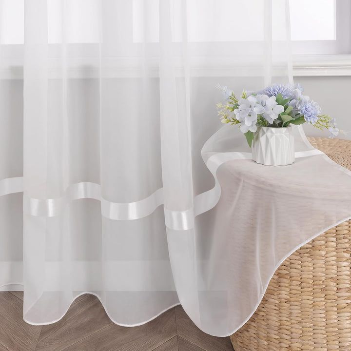 HongYa Stores Voile Gardine Schal Transparenter Vorhang mit Satinband Ösen H/B 145/450 cm Weiss H/B: