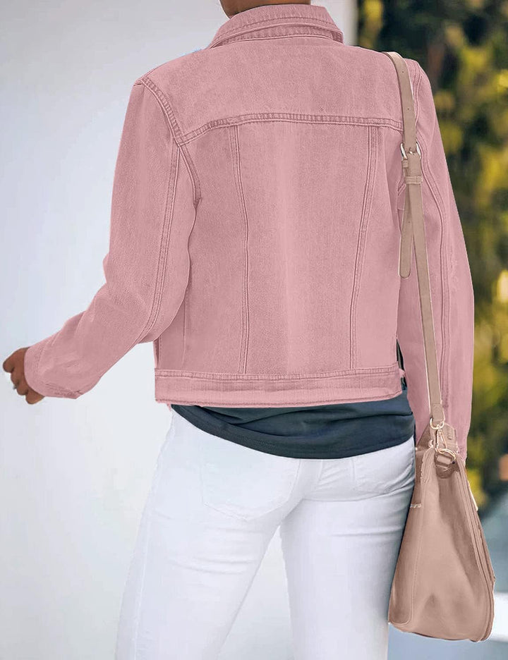 Roskiky Jeansjacken Damen Jean Stretchy Langarm Trucker Jacke mit Tasche XS Rosa, XS Rosa