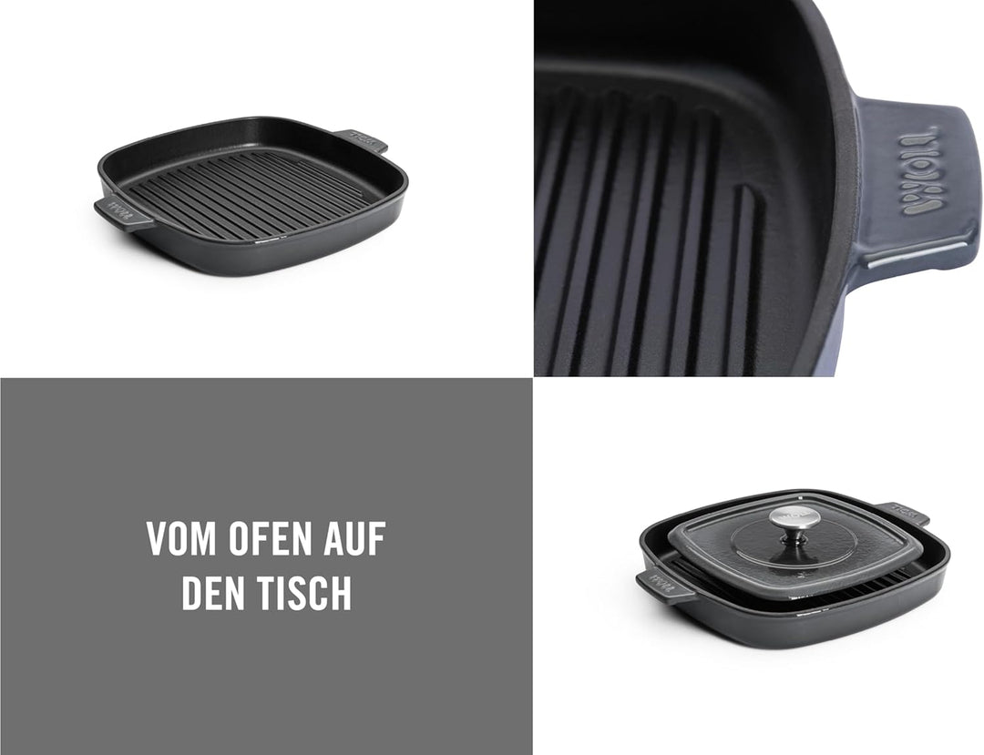 Woll Iron Grillpfanne viereckig mit Rillen, inkl. Steakpresse und Silikongriffen - Induktiv -, 28 x