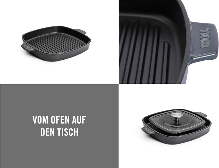 Woll Iron Grillpfanne viereckig mit Rillen, inkl. Steakpresse und Silikongriffen - Induktiv -, 28 x