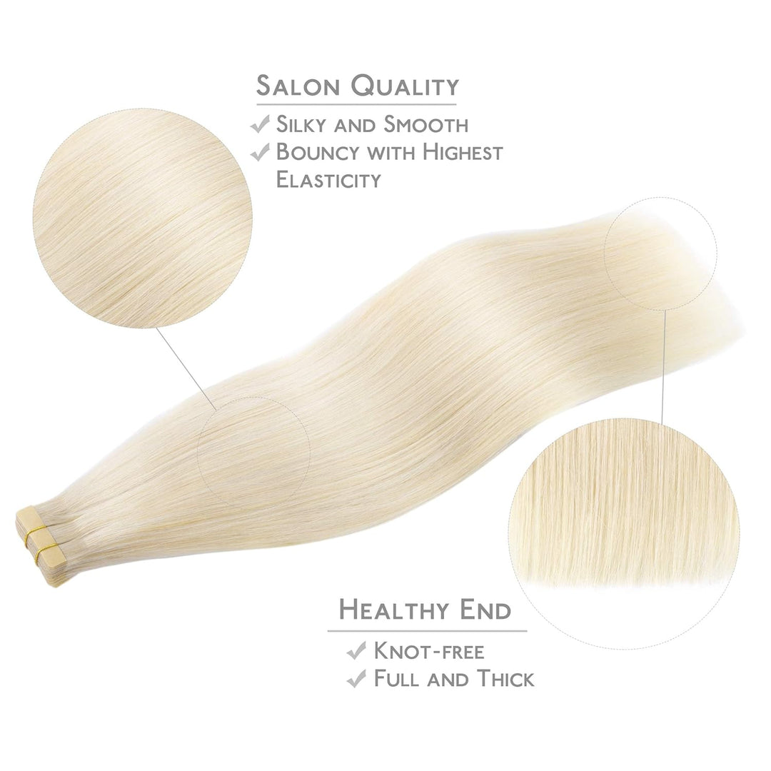 WENNALIFE Tape Extensions Echthaar, 20pcs 40g 30cm 12 Zoll Platinblond Remy Invisible Tape Extension