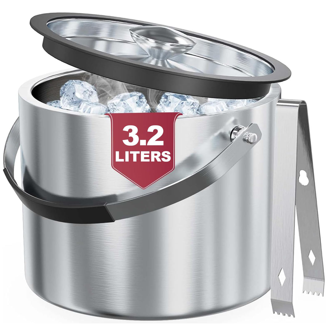 FiveHome 3,2L Edelstahl Eisbehälter mit luftdichtem Deckel, Sieb und Eiszange, Eiswürfelbehälter dop