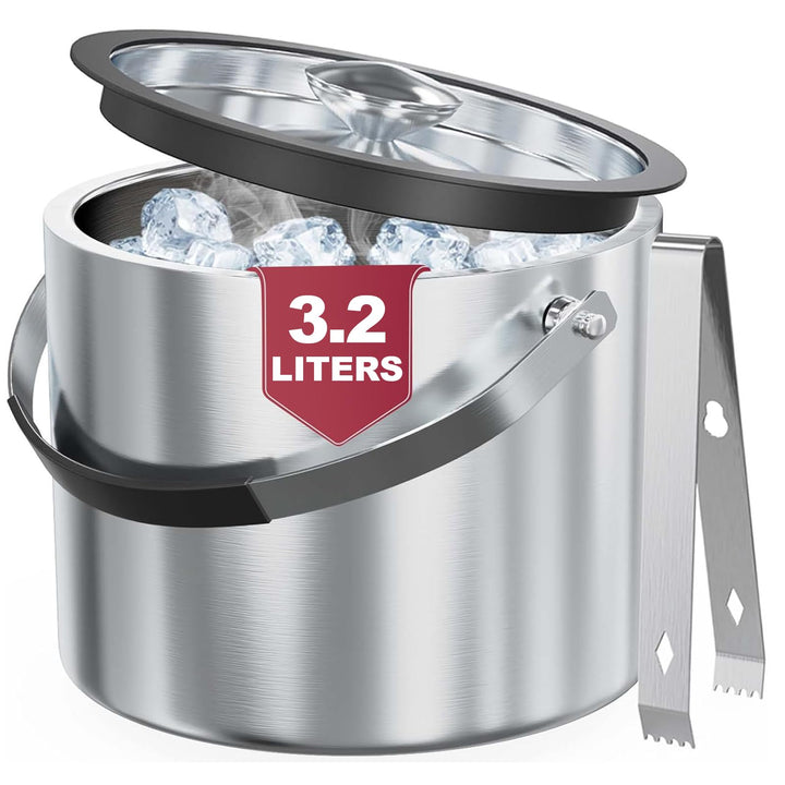 FiveHome 3,2L Edelstahl Eisbehälter mit luftdichtem Deckel, Sieb und Eiszange, Eiswürfelbehälter dop