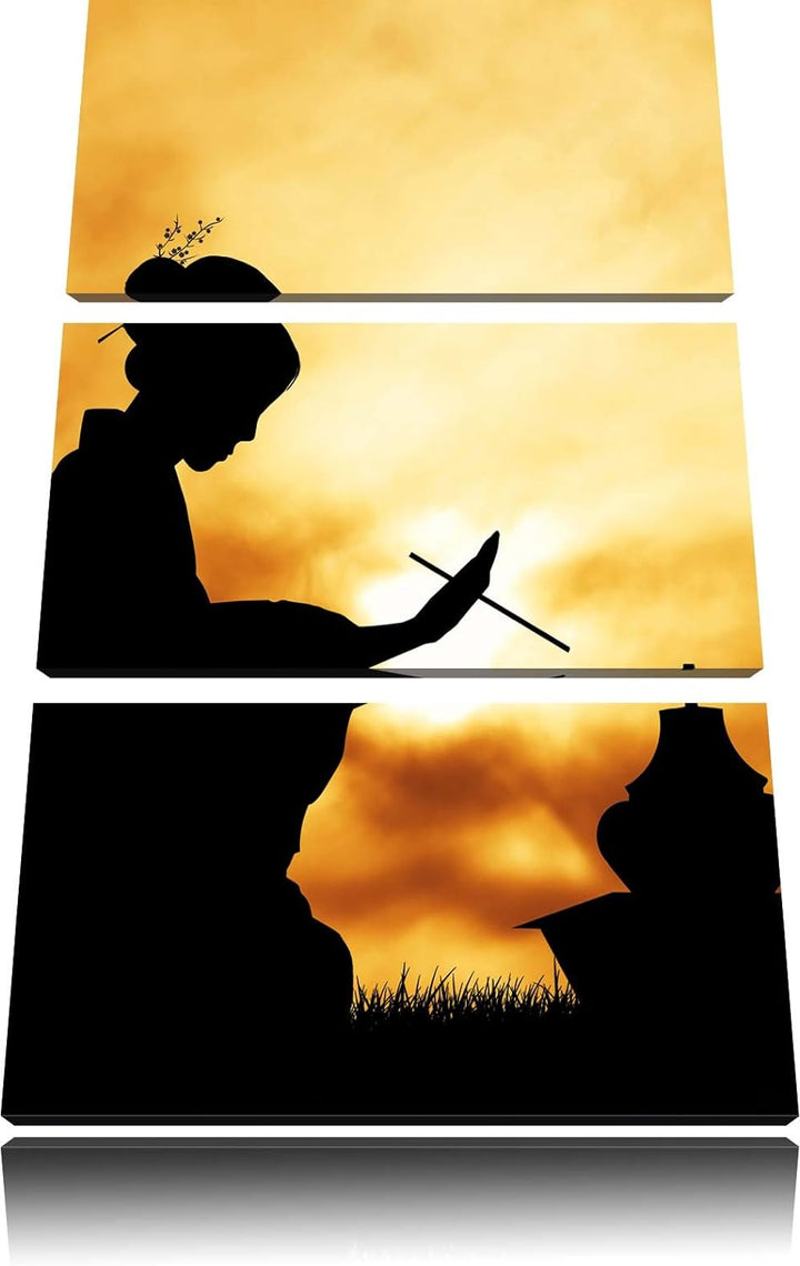 Pixxprint Dark Geisha Teezerenomie als Leinwandbild/Grösse: 3 Teilig (120x80) cm/Wandbild/Kunstdruck