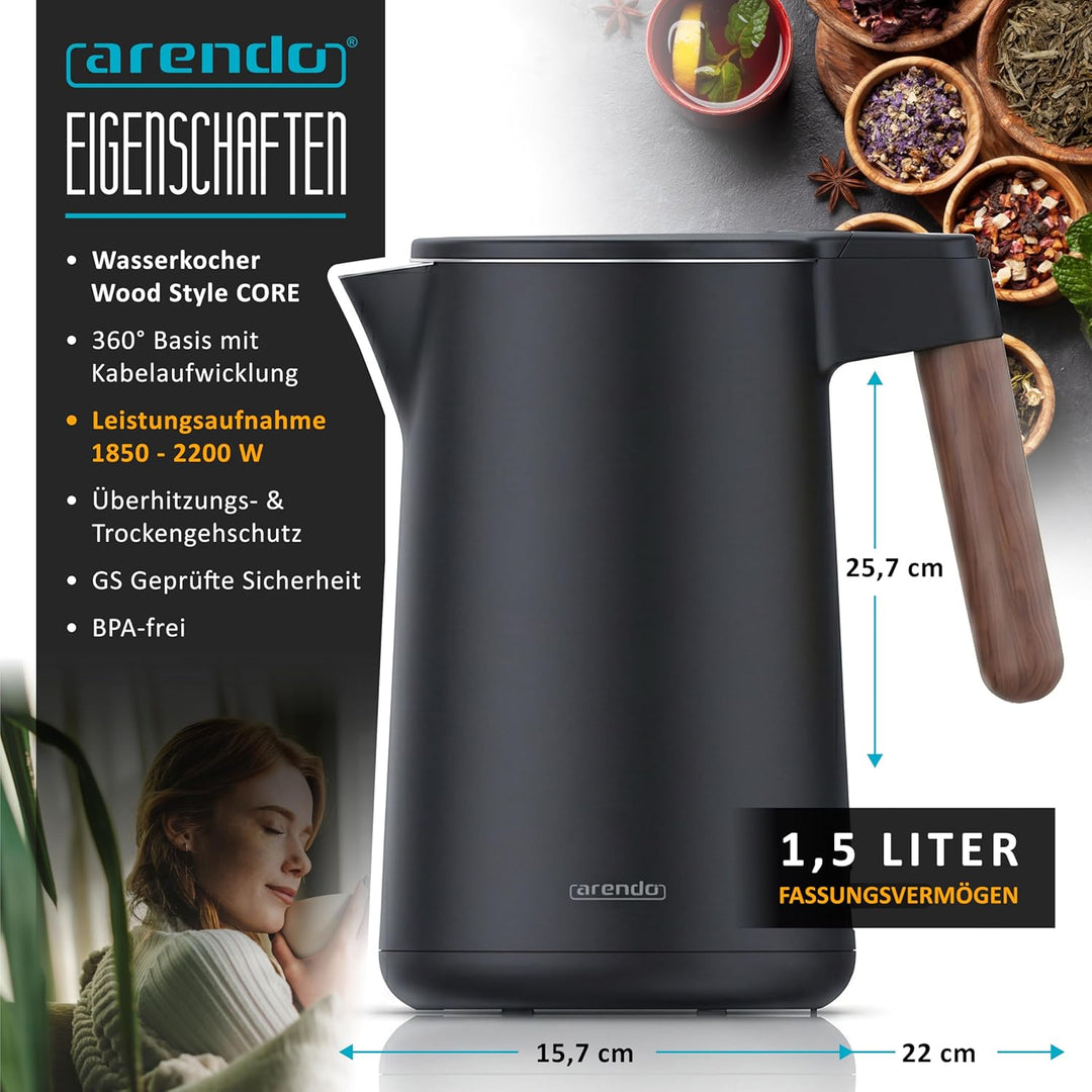 Arendo - Wasserkocher Edelstahl – 1,5 Liter - 2200 Watt – Doppelwand-Design – 360° Controller – BPA-