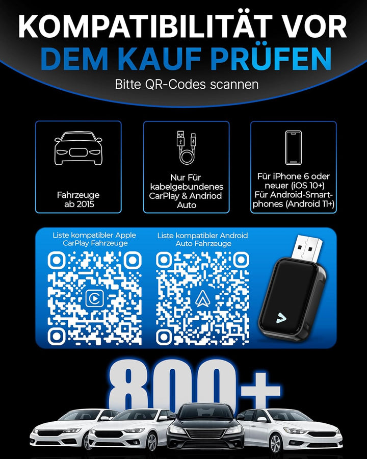 Carplay Wireless Adapter & Android Wireless Adapter fürs Auto – USB-A Plug & Play Nachrüstadapter, U