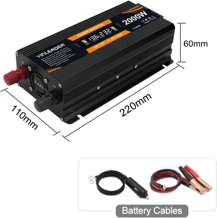 Yinleader Wechselrichter 900W 2000W 12V 230V Spannungswandler LCD mit 1 Steckdose 2 USB Anschlüsse