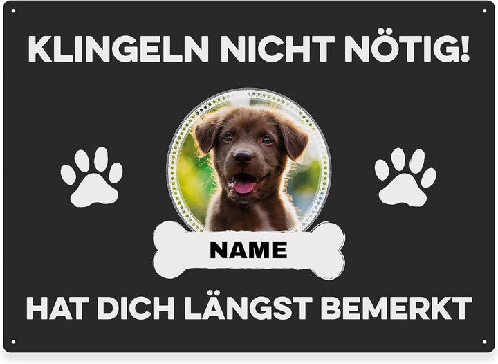 Hunde Schild personalisiert - Klingeln nicht nötig - Metallschild mit Foto und Name für aussen, wett