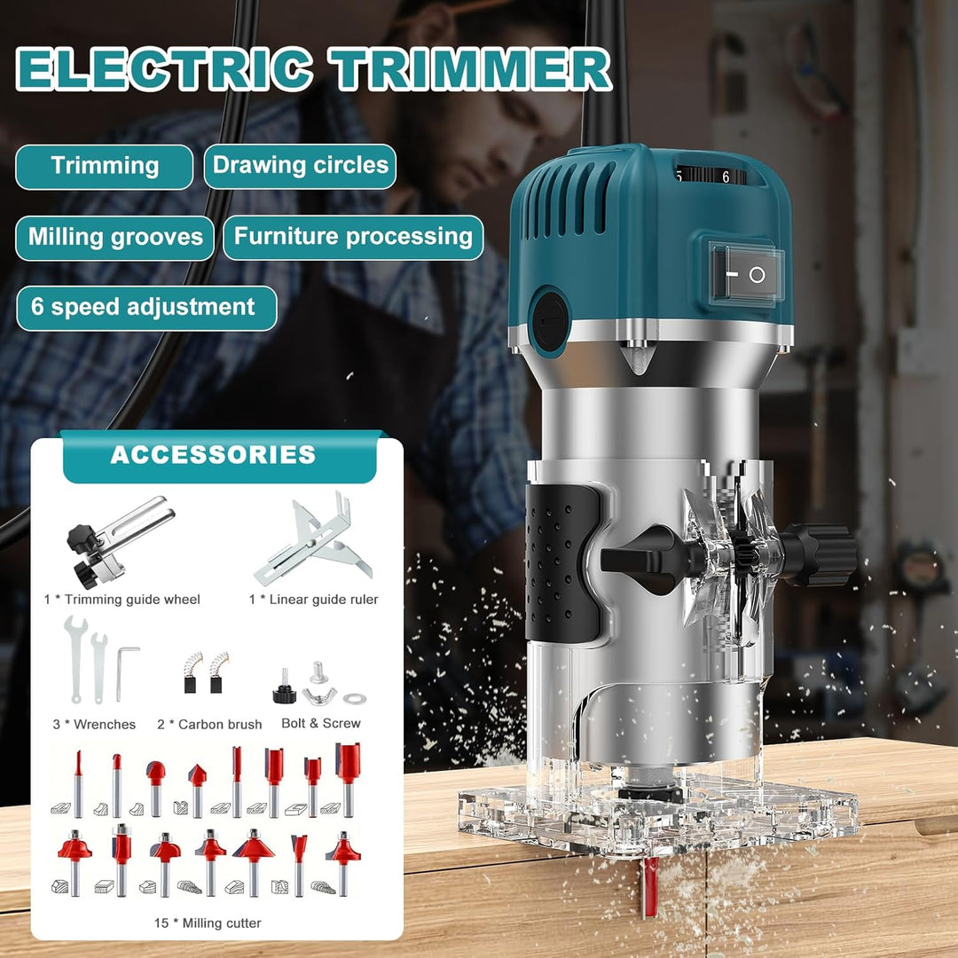 Holzfräse Oberfräse Professionell, 800W 30000 U/min Elektrischer Oberfräse Trimmer mit 15 Stück Fräs