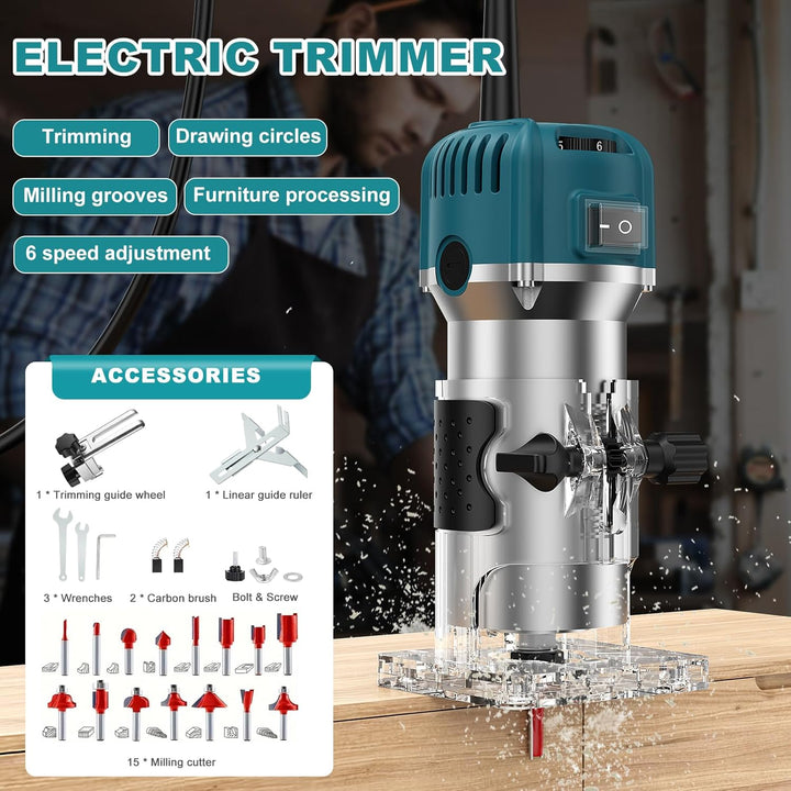 Holzfräse Oberfräse Professionell, 800W 30000 U/min Elektrischer Oberfräse Trimmer mit 15 Stück Fräs