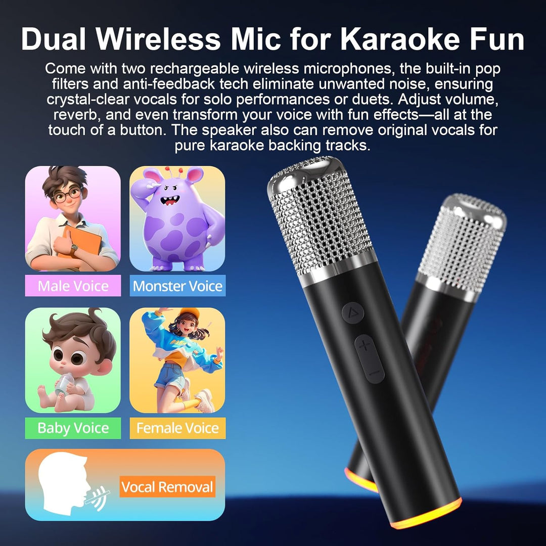 Tragbarer Bluetooth-Karaoke-Lautsprecher mit 2 kabellosen Mikrofonen, RGB-Beleuchtung, Höhen- und Ba