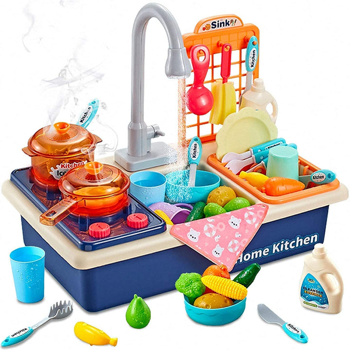 Küchenspüle Spielzeug Set mit Warmwasserhahn Farbwechsel Geschirr-Kochgeschirr Topf und Pfanne, Play