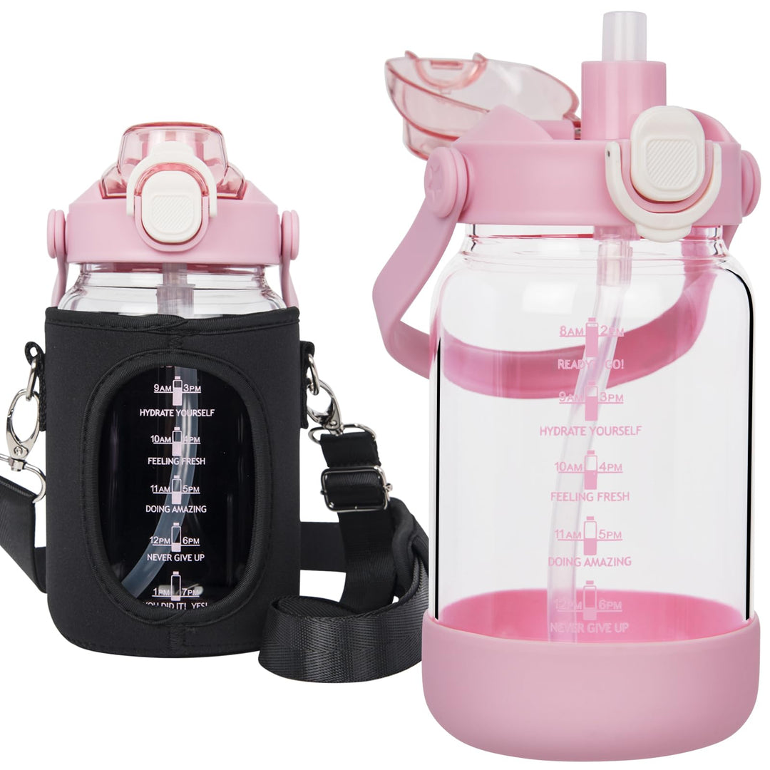 Seekua 1l Trinkflasche Glas Flasche mit Strohhalm &amp; Zeitmarkierung, 1 liter Wasserflasche mit Frücht