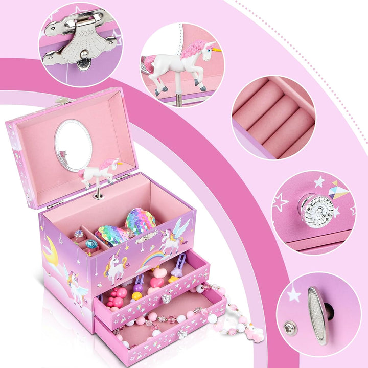 Einhorn Schmuckkästchen für Mädchen, Musikalische Schmuckschatulle (Pink Pony) Regenbogen Pony, Rege