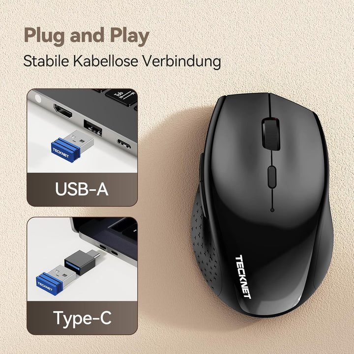 TECKNET PRO Kabellose Maus Jiggler, Wiederaufladbar, Silent Funkmaus | 6400 DPI, 2,4 GHz Computermau