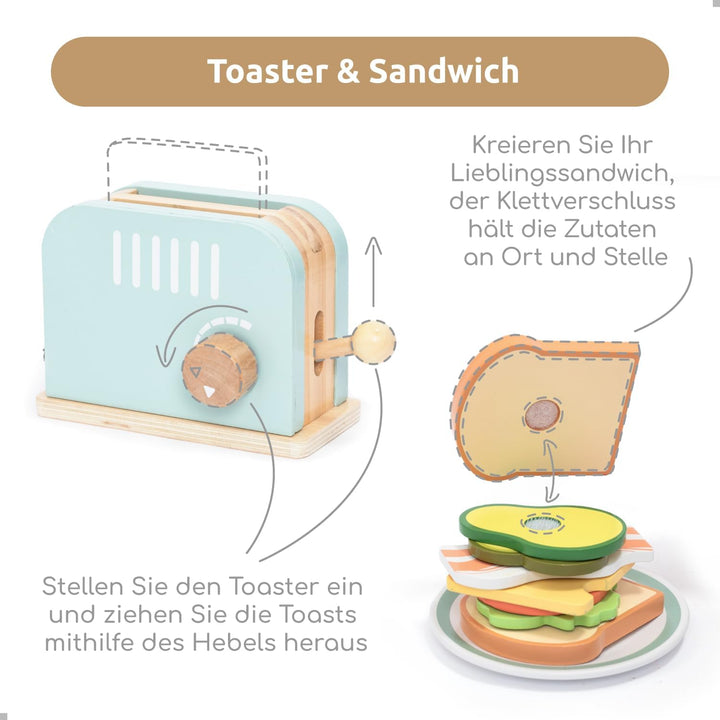 UMU® Holz Toaster & Sandwich Küchenspielzeug - inkl. Pop-up Toaster, Butter schneiden, Kinderküche Z