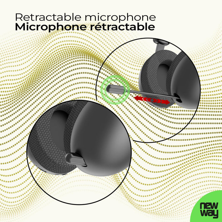 NEWWAY NH251 Kabelloser Audio-Kopfhörer – einziehbares Mikrofon – Triple Mode WiFi 2,4 GHz/BT/3,5 mm
