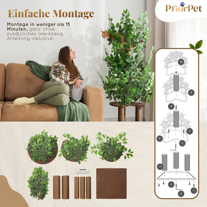 Kratzbaum mit Blättern – Stabiler & Platzsparender Katzenbaum – 4 kratzbare Ebenen & 3 Kratzsäulen –