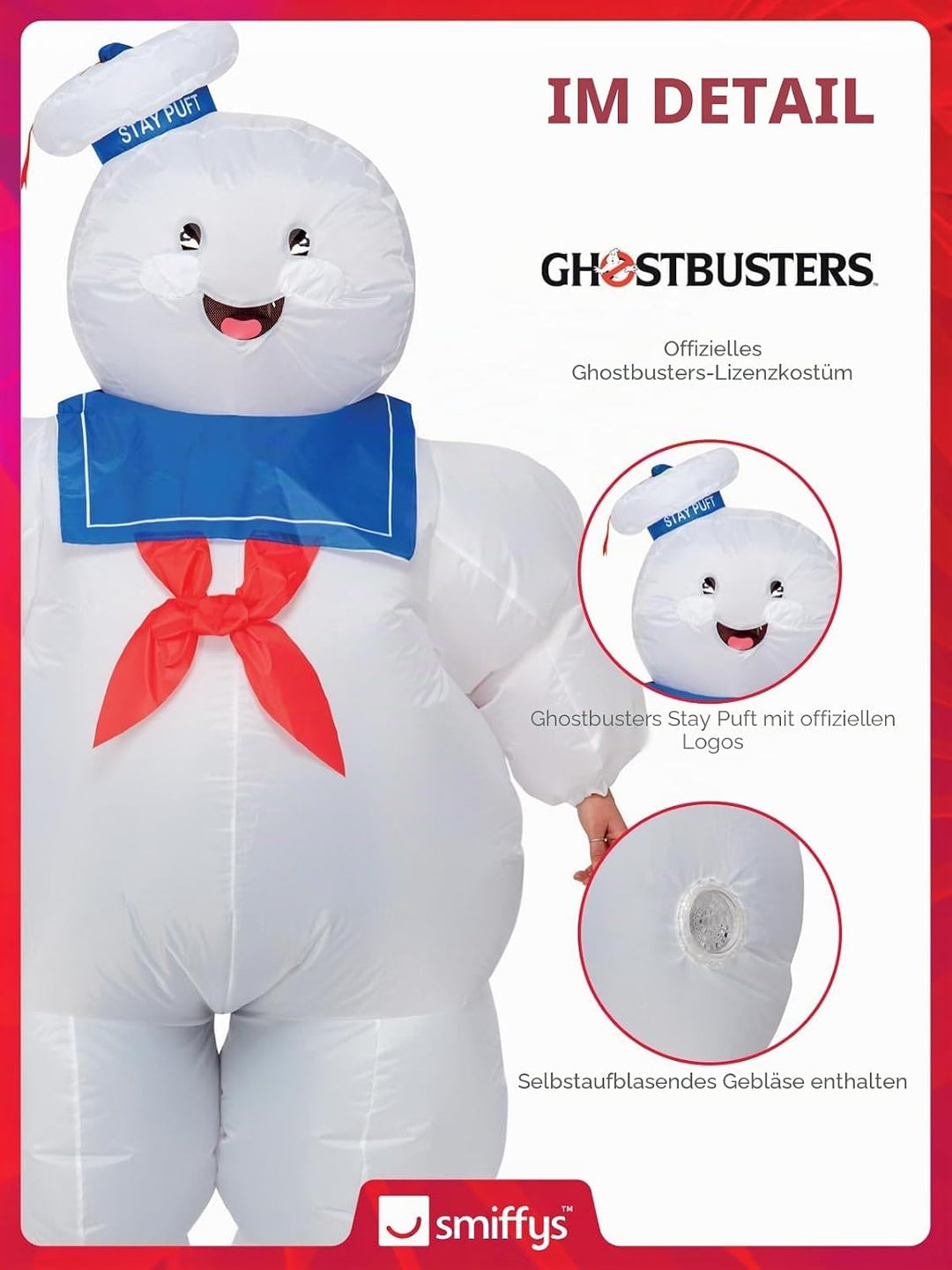 Smiffys 52563 Offizielles Lizenzprodukt Ghostbusters Aufblasbares Stay Puft Kostüm, Unisex – Erwachs