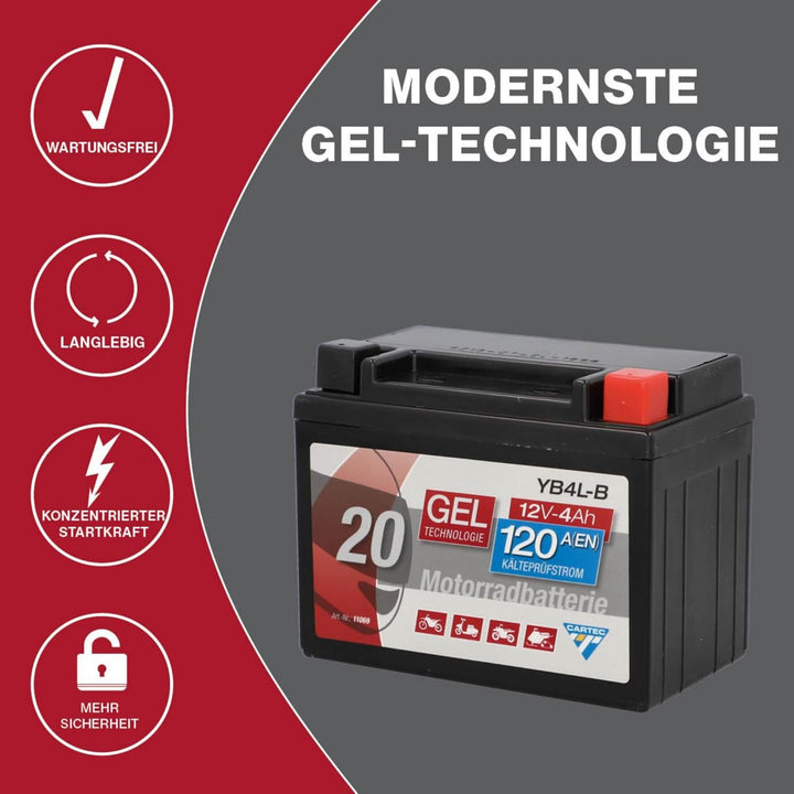 CARTEC Motorradbatterie YB4L-B, 4Ah 56A, Gel Technologie Motorrad-Starter-Batterie, Erstausrüsterqua