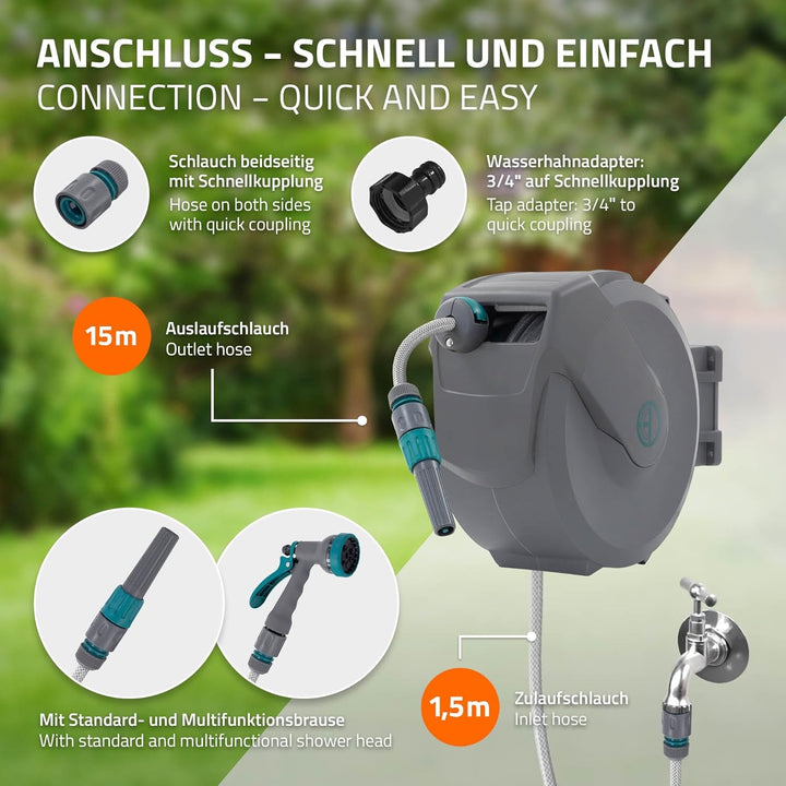 ECD Germany Schlauchaufroller 15m+1,5m, Schlauchtrommel, Wand-Schlauchbox RollUp mit Arretierstop un