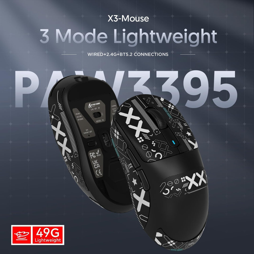 ATTACK SHARK X3 Pro 4K/8K Hz Maus, 49 g SUPERLEICHT, PixArt PAW3395 Gaming-Sensor, BT/2,4G kabellose