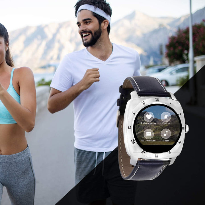 X-WATCH 54018 NARA XW PRO Herren Smartwatch, Apple iOS und Android kompatibel - Lederarmband Navy Bl