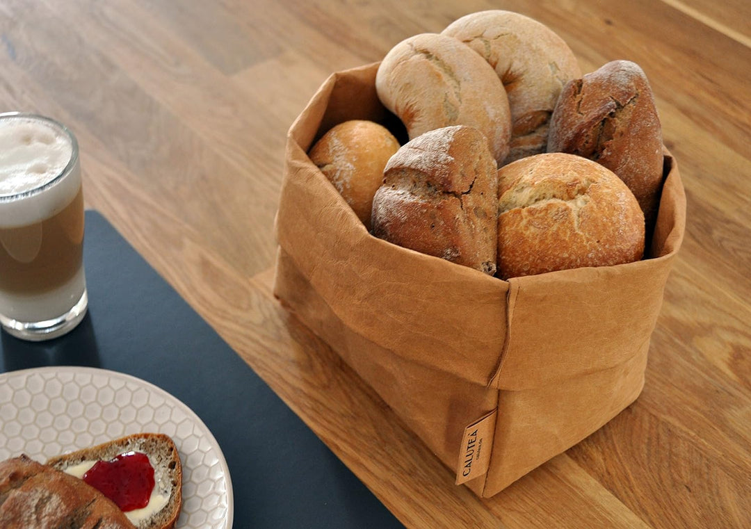 CALUTEA grosser XXL Brotkorb/Sand/modern/veganes Leder als Stoff Alternative/Brottasche/Brötchenkorb