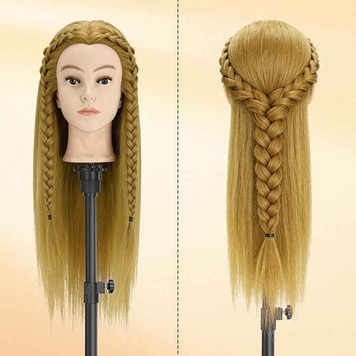 TwoWin Friseurkopf Echthaar mit Ohrlöchern, 60 cm (24 Zoll) 80% Haaren Mannequin Frisierkopf, Traini