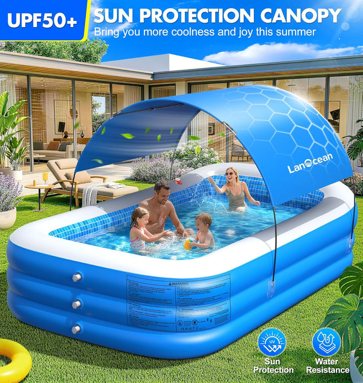 LanOcean Aufblasbarer Pool mit Sonnenschirm, 280*160*50CM Rechteckig Planschbecken für Kinder Gross,