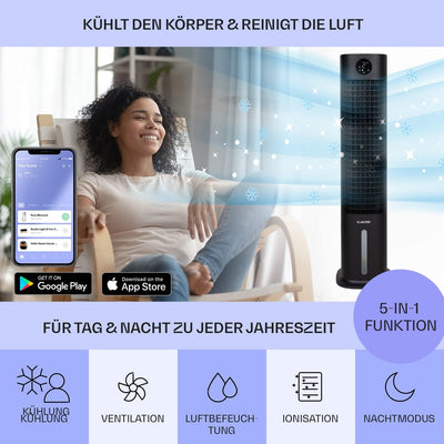 Klarstein Mobiler Luftkühler, 5-in-1 Klimagerät Mobil mit Nachtmodus, Leiser Ventilator & Luftkühler