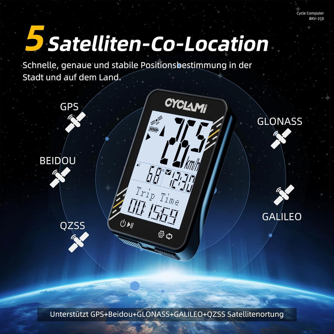 Fahrradcomputer Wireless – 5-Satelliten-GPS-Fahrradtacho und Kilometerzähler – 2,4-Zoll-Display, auc