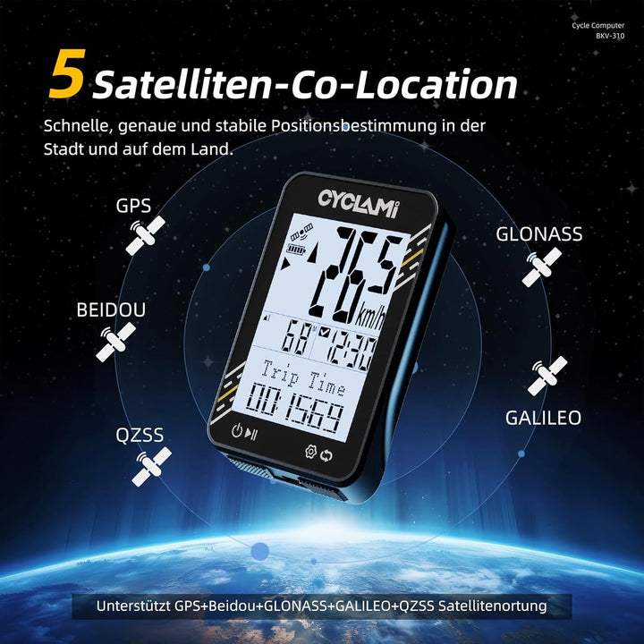 Fahrradcomputer Wireless – 5-Satelliten-GPS-Fahrradtacho und Kilometerzähler – 2,4-Zoll-Display, auc