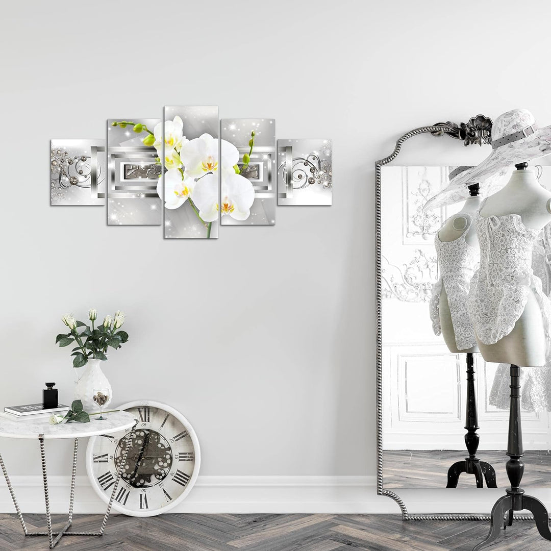 Runa Art Wandbilder Blumen Orchidee 5 Teilig Bild auf Vlies Leinwand Deko Wohnzimmer Ornament Silber